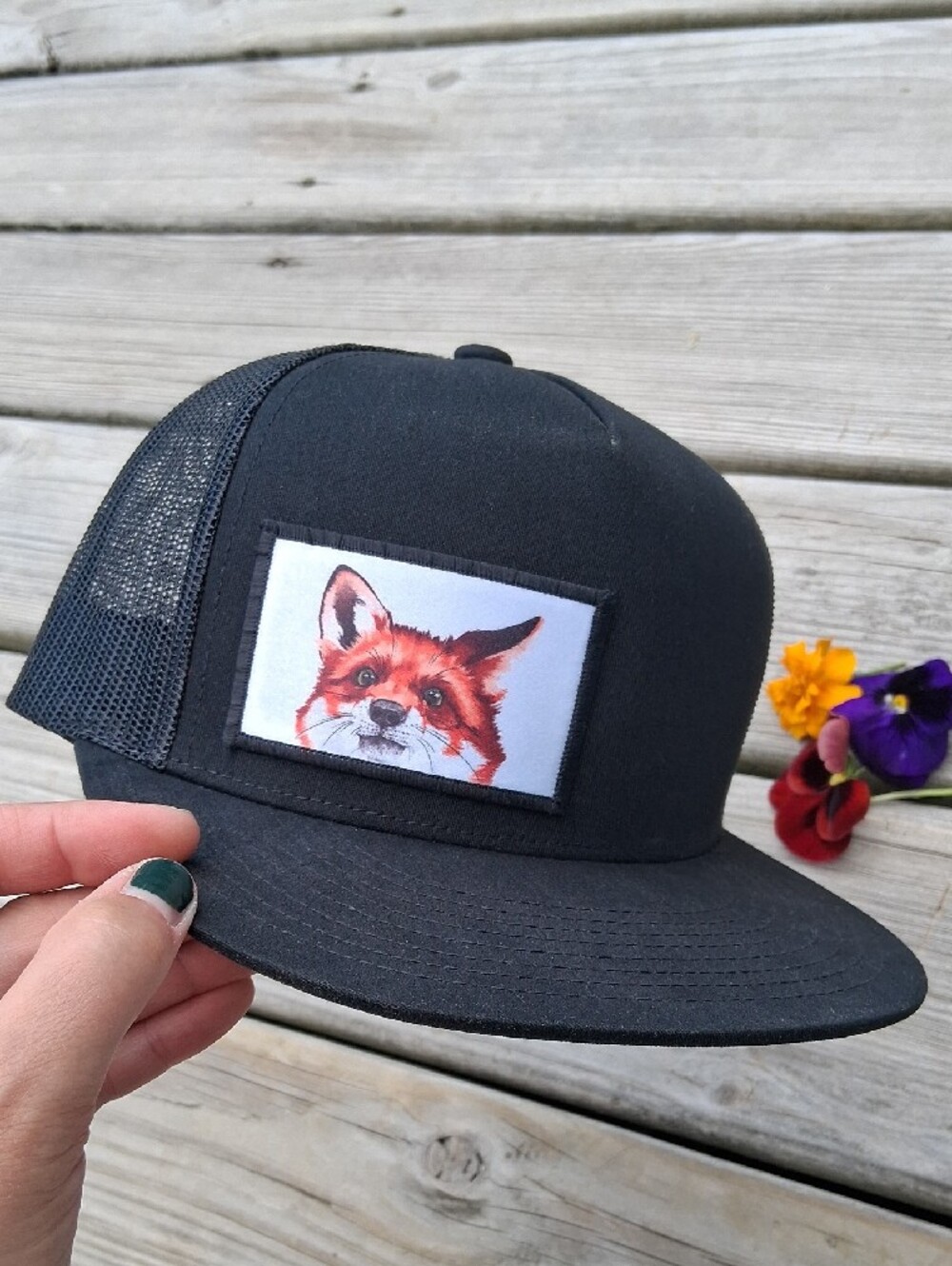 Classic Black Trucker Hat with Orange Fox Patch